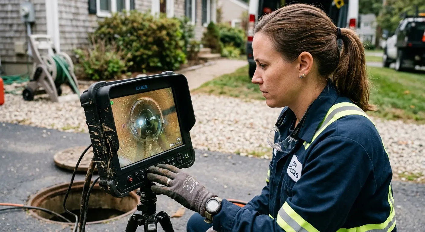 Technician reviewing sewer camera inspection footage in Dania Beach