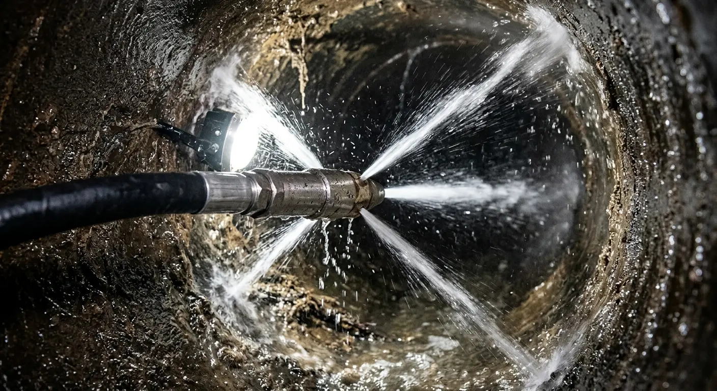 High-pressure hydro jetting nozzle cleaning sewer pipe for Storm Drain Cleaning in Dania Beach