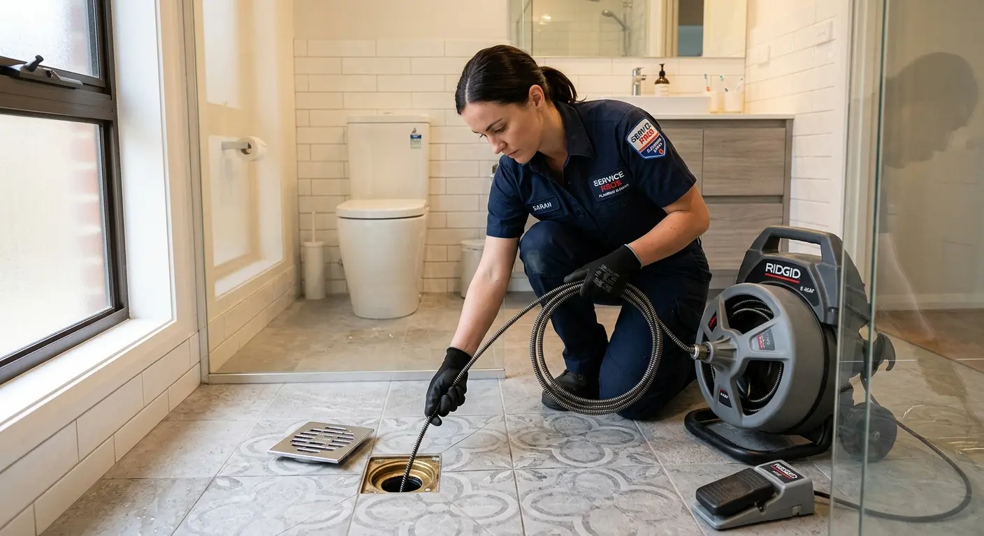 Technician clearing a bathroom floor drain for Drain Cleaning in Dania Beach